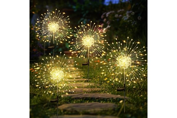 GIGALUMI Lot de 4 Solaires Extérieur Jardin,120 LED Feux d'artifice Solaires,Étanche Lampe Solaire de Pissenlit pour Cour, Pelouse, Fête, Patio, Décoration de Mariage (blanc chaud)