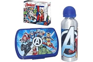 SRV HUB Marvel Avengers Lunchbox mit Aluminium Wasserflasche Set 500ml BPA-frei Sportflasche für Kinder Auslaufsicher Kunststoff Spülmaschinenfest Snackbox für Kinder zurück zur Schule - 21cm