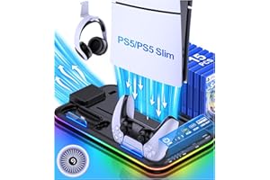 ALEEMTRY PS5 Ständer Zubehör für PS5 Slim Neu, PS5 Standfuß mit 3-Stufig Lüfter PS5 Kühler/RGB Licht/15 Spiele Aufbewahrung, Playstation 5 Standfuß für PS5 Slim Disc & Digital Konsole Schwarz