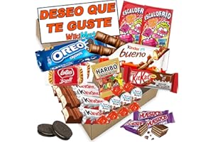 WIKIMARK Cajita Regalo Muy Original con 20 Chocolates Kinder Bueno, Galletas Oreo, Kinder Schoko Bons, Ositos Haribo, Kit Kat, Huesitos, Galleta Lotus Biscoff y Mucho Más. Incluye Tarjeta Deseo Que Te Guste.
