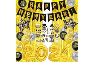 HORDUET Silvester Deko 2024 Set, Neujahr Deko Happy New Year Banner 2024 Folienballons Silvester Ballons Gold Tinsel Vorhänge Silvester Foto Requisiten für Silvester Party Deko 2024
