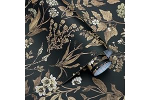 Fiula Self Adhesive Wallpaper Floral Leaf 44CM x 3M Peel and Stick Wallpaper Botanical Black Gold Decorative Furniture Sticker Removable Vinyl Wrap Roll for Bedroom Walls Cabinets Living Room
