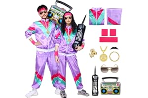 ANSAMY Déguisement de survêtement années 80 avec téléphone, radio, lunettes, bandeau, collier, bague et bracelet pour Rockstar, carnaval, Halloween, fête à thème néon