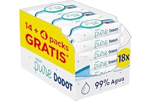 Dodot Aqua Pure - Baby-Reinigungstücher, 99 % Wasser, 864 Tücher, 18 Packungen (18 x 48)