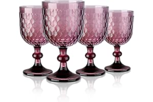 Joeyan Set de 4 Copas de Vino Vintage Púrpura,350ml Vino Taza de Vidrio con Relieve, Vasos Retro con Pie,Vajillas de Colores,Cristaleria para Bar Restaurante en Casa, Apto para Lavavajillas