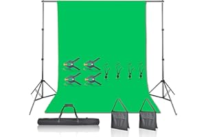 EMART Greenscreen Hintergrund mit Ständer Kit, 2,1x3m, Fotografie Grüner Fotohintergrund Stützständer mit 1,8 x 2,8m 100% Baumwolle Musselin Chromakey Green Screen Set für Porträt Streaming Party