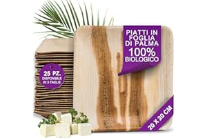 Waipur Piatti in Foglia di Palma Ecologici - 25 Pz Quadrati 20x20 cm - Stoviglie usa e getta Compostabili Eleganti - Leggeri e Resistenti - Simile al Bamboo e al Legno - Ideale per Feste