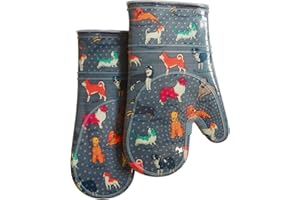 DETA KITCHEN Oven Gloves Set of 2 with Transparent Clear Silicone Shell and Nice Dog Printing Cotton Lining, Heat Resistant to 500 F Kitchen Oven Mitts Pot Holder for Cooking (Gray)