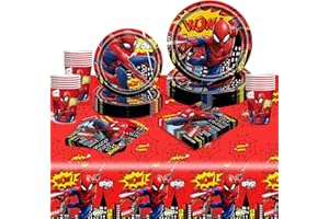 Forfamy Stoviglie per Feste Compleanno Supereroe, Kit Compleanno Spiders Piatti Carta Bicchieri Carta Tovaglioli Tovaglie, per Decorazioni Festa di Compleanno (B)