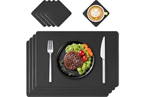 Oinvs Placemats PU Leather Place Mats and Coasters Black Sets of 4 Christmas Placemats Washable Waterproof Table Mats 45x30cm, Suitable for Kitchen Indoor Outdoor Dining Table Restaurant