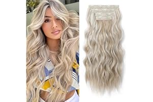 REECHO Clip-In Extensions, 4 Pieces, Blonde Hair Extensions, Clip-In Hair Extensions, 60 cm Thick, Long Beach Waves Hairpieces, Invisible Lace, Natural Soft Hairpieces, Ash Blonde with Highlights