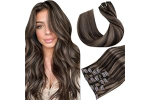 Hetto Hair Extensions Clip in Human Hair Brown Clip Extensions Real Human Hair Darkest Brown with Ash Brown Clip in Human Hair Extensions #2/8 Natural Straight 14Inchs 120g 7pcs