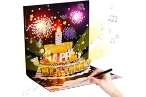 ‎HOFENY Hofeny Geburtstagskarte mit Musik und Licht, Pop Up tischkarten gutschein geburtstag glückwunschkarte mit ausblasbaren Kerze, 3D Feuerwerk singende musikkarte geburtstagsgutschein Geburtstagsgeschenk