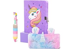 Cooyou Journal Intime Fille avec Cadenas, Carnet Secret pour Fille en Peluche Comprenant une Cahier A5 et une Licorne Trousse à Crayons, Cadeau Licorne pour Fille 4-12 Ans, Violet