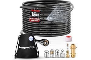 Ampvolts Manguera de Limpieza de Tuberías 15 m – 5800 PSI / 400 Bar, 5 Boquillas y Adaptador Latón Amarillo, Compatible con Karcher K2–K7, Limpieza Eficaz de Tuberías y Desagües