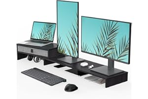 Fenge Supporto per Monitor Doppio con Cassetto, Supporto Monitor in Legno con Lunghezza e Angoli Regolabili, per PC/Laptop/Stampante, 78,3-113x23,5x15,9cm, Nero
