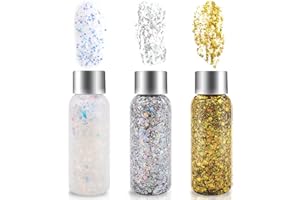 AOKITO Festival Gel Glitterato per Viso e Corpo – 3 Flaconi di Gel Glitter con Cucchiai, Glitter Spesso per Carnevale, Festival, Mascherata e Trucco da Festa