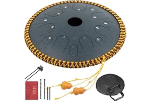 HappyBuy Tambor de Lengua de Cobre de 14 Notas, Plato Forma, Hand pan de 36 cm Con Decoración de Cuerda Azul Marino, Instrumentos de Percusión de Tambores con Bolsa, Libro, Mazas y Soporte de Mazo