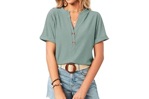 BellaDila Mujeres Primavera Verano Top con Ojales Manga Corta Cuello en V Camisetas Casual Lindo Botón Túnicas Blusas de Mujer 2024