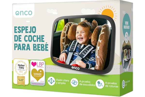 Onco Espejo Coche Bebé Asiento Trasero - 100% Irrompible, Espejo Bebé Coche, Ajuste Universal, Rotación de 360°, Resistente a Las Sacudidas