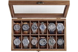 SONGMICS Caja para Relojes con 12 Compartimentos, Navidad, Caja para Relojes de Madera Maciza, con Tapa de Cristal, Cojín para Relojes, Regalo para Queridos, Nogal Rústico JOW120K01