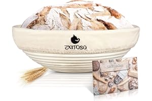 Exitoso Banneton pour Pain Rond en Rotin Ø25cm 1Kg - Paniere a Pain Osier et Tissu en Lin - Banneton Rond Moule Pain et Levain avec Lame Boulanger - Panier a Pain Tissu - Panier Corbeille a Pain