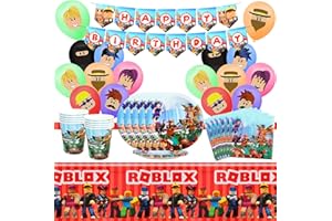 JunMallko Roblox Compleanno Stoviglie per Feste, 57 Pezzi Roblox Decorazioni Compleanno Bambini, Palloncini, Banner, Piatti, Tovaglie, Tovaglioli, Tazze