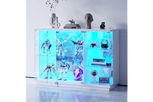 OUTDOOR DOIT Glass Display Cabinet with Lock & LED Light, High Gloss Sideboard with Human Body Sensor & Glass Shelves for Toys, Books, Collectibles, Liquor, Bookcase for Living Room, Kitchen, Study, White
