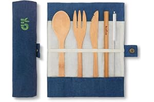 Bamboo Cutlery Set | Camping Essentials | Knife, Fork, Spoon and Straw| Camping Cutlery Set | Eco Travel Cutlery Set with Pouch | Camping Utensils Set | Travel Utensils Set | 20 cm | Ocean | Bambaw