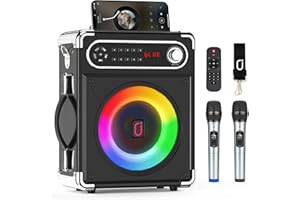 JAUYXIAN Karaoke Machine with 2 Microphones, Bluetooth Speaker, Party Sound System, Portable Speaker, Music Box with LED Lights, Supports USB/TF Card/AUX/FM/Rec for Party and Outdoor Use