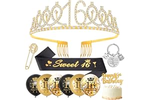 SWPEED 16th Birthday Gifts Girl, 16th Birthday Decorations 16th Birthday Sash and Tiara Sweet 16 Gifts for Girls,Birthday Crown Rhinestone Tiara,Sweet 16 Sash,Balloons Cake Topper,Keyring for 16 Party Favor