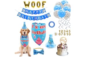Dog Birthday Party Supplies, LMSHOWOWO Dog Birthday Bandana Boy, with Hat, WOOF Balloons, Elastic Bow Tie, Sticky Number, Banner, Cake Topper for Small Medium Large Dogs (Blue)