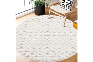 ‎PAYÉ Teppich Rund - Hochflor - Boho - Pastell Creme - 120x120cm - Einfarbig - Modern Raute Ornamente - Skandinavisch Flauschig Weich - Wohnteppich Schlafzimmer Dekoration