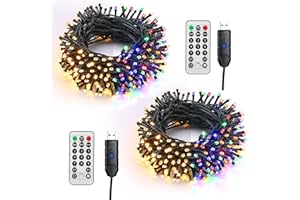 Świąteczne girlandy świetlne, zestaw 2 sztuk, BrizLabs 10 m, 100 diod LED do wnętrz, ciepła biel i wielokolorowa, zmiana 11 trybów zasilania przez USB, do choinek na zewnątrz, na imprezę, do ogrodu,
