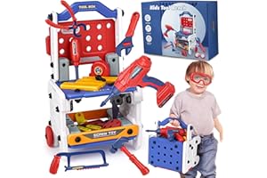 DINORUN Banco da Lavoro per Bambini Cassetta Attrezzi Bambini Giochi Bambini 3 in 1 Attrezzi Giocattolo con Trapano Elettrico, Regalo Bambino 3 4 5 6 Anni
