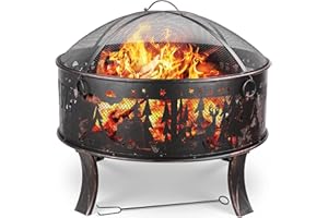 TLGREEN Feuerschalen, Feuerschale mit Funkenschutz, Feuerschale Garten Ø71x65cm, inkl. Poker & Kohlerost & 4 PCS Füße, Feuerkorb Retro-Look, Feuerstelle für Garten Camping Strand-Exquisites Elchmuster