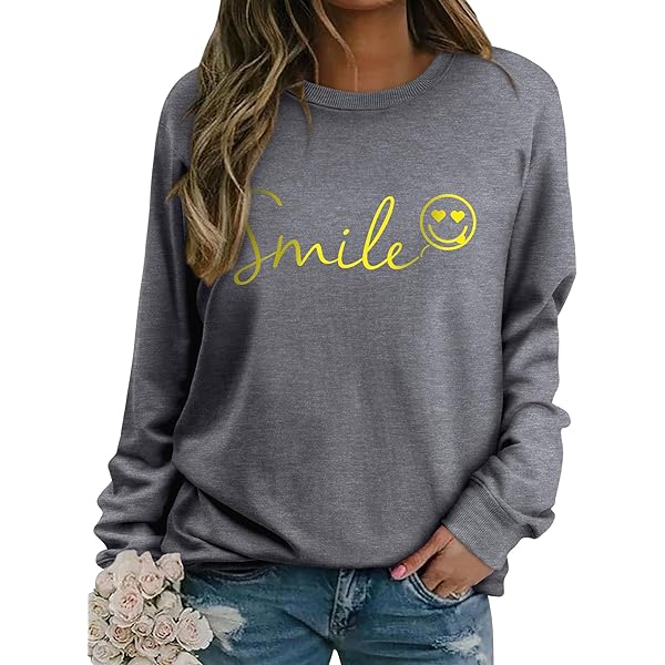 Dresswel Dames Sweatshirt Smile Brief Print Pullover Grappige Glimlachende Ronde Hals Langmouw Shirt Katoen Trui Herfst Winter Casual Bovenkleding Langmouw Tops, 1, blauw, L