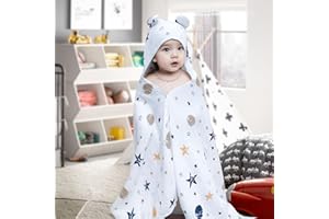 AMO NENES Cape de Bain Capuche pour Bébé 100% Coton, 4 Couches Serviette Super Absorbantes et Douces, Garçons Filles Sorties de Bain avec Oreilles, Cadeaux pour la Naissance, Enfants, 70x140 cm, Planètes