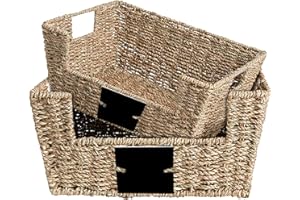 OUTBROS Pudełko do przechowywania, ręcznie tkane, wiklinowe, wielofunkcyjne, otwarte, przednie kosze z uchwytami, kosze do gniazdowania, organizer na przybory do makijażu na biurko z wbudowanymi