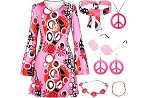 Antsparty 5 Stück Hippie Kostüm für Damen, 60er 70er Bekleidung Damen Hippie Kleid Frauen Mädchen Disco Kleider, Damen Retro Disco Outfit Faschingskostüm für Karneval Party