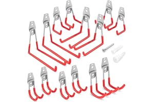 Poppstar 14 haków garażowych, podwójne haki o dużej wytrzymałości, 5 rozmiarów (w kształcie U i J), czerwone