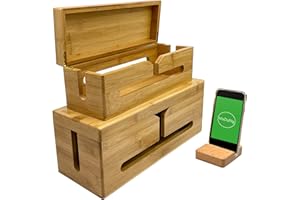 MaDaNg Cable Tidy Box Wood - 2 Pcs Cable Management Box 37x14x14 / 32x11x11cm including Phone Stand Holder - Wire Tidy Cable Box - Bamboo Storage Box Suitable for Organising Home and Office