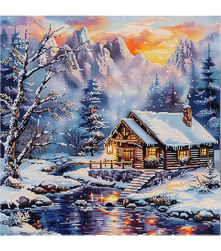 Kit De Broderie Au Point De Croix Paysage Montagne Enneigée - Tissu Pré-imprimé 11CT, 40x50 Cm, Pour Débutants Et Décoration Murale