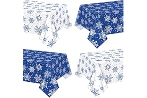 QUERICKY Set da 4 tovaglie invernali con fiocchi di neve, 220x130 cm, copertura per tavolo con fiocchi di neve per decorazioni di compleanno invernali e sfondo per feste natalizie, blu e bianco