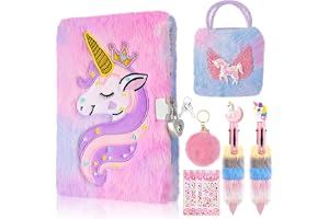 Unicorn Secret Diary Set, Fluffy Notebook with Handbag, Pen, Stickers, Bracelet, and Keyring, Magical Unicorn Stationery Kit for Creative Writing and Play for Girls Ages 5-12, 9 Pcs