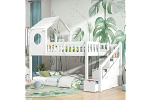 Becag Kinderbett Etagenbett 90x200 cm, Baumhaus Hochbett Hausbett mit Leiterschrank, Holzbett in Hausform, Bettgestell mit Rausfallschutz und Lattenrost, Treppe und Schubladen, ohne Matratze, Weiß