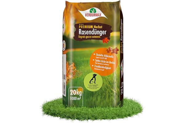 Verdurmax 1 x 20 kg engrais pour gazon d'automne de qualité supérieure - 100% végétalien - Engrais NK 7+18 (+14+2+25) - Résistant à l'hiver et au gel - Granulés sans poussière