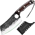 FULLHI Butcher Knife with Sheath, Multi-color Handle Full Tang Serbian Chef Knife, High Carbon Steel Meat Cleaver Vegetable Forged Kitchen Knife for Outdoor, Camping (Asian Chef Knife) (Brown)
