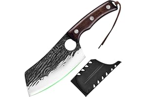 FULLHI Couteau de boucher avec étui, couteau de chef serbe, couteau à viande et à légumes en acier à haute teneur en carbone pour la maison et le camping (marron, Couteau de chef asiatique)