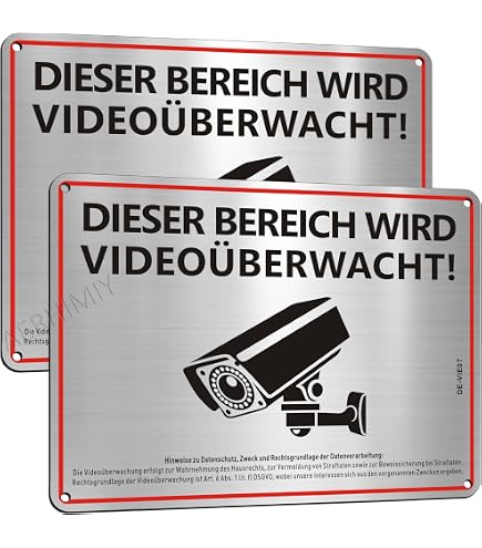 5 Stück Videoüberwachung Schilder – Selbstklebend & Mit Bohrungen, Silber, 5x15 Cm (CCTV Warnhinweis)